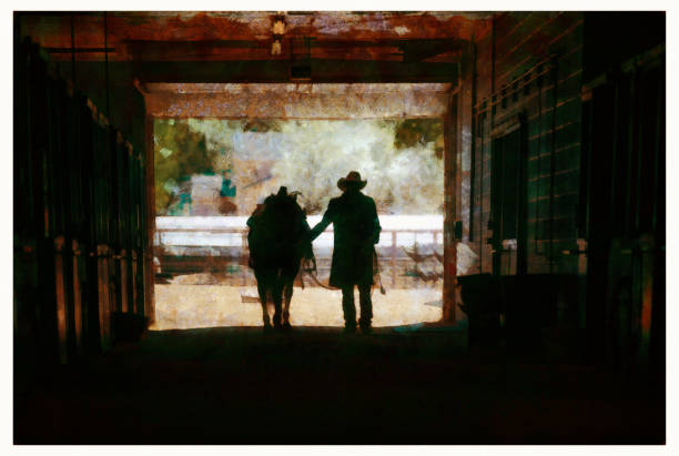 istock Cowboy at a horse stable - digital photo manipulation 1161687976