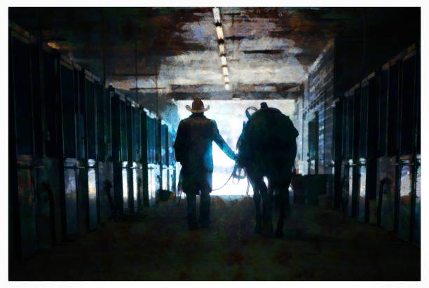 istock Cowboy at a horse stable - digital photo manipulation 1161687985