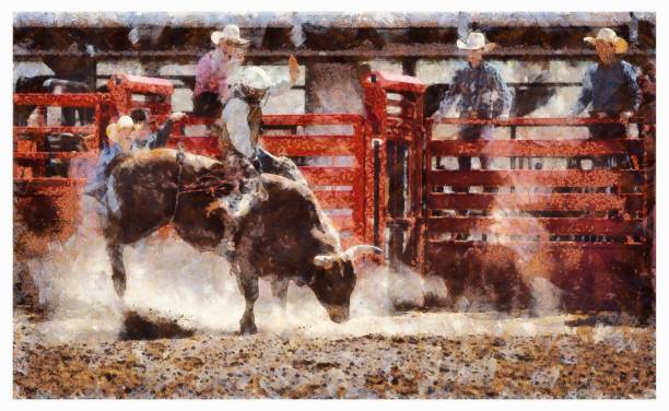 Cowboy Bull Riding in Rodeo Arena - digital photo manipulation Cowboy Bull Riding in Rodeo Arena - digital photo manipulation bull riding bull bullfighter cowboy hat stock pictures, royalty-free photos & images