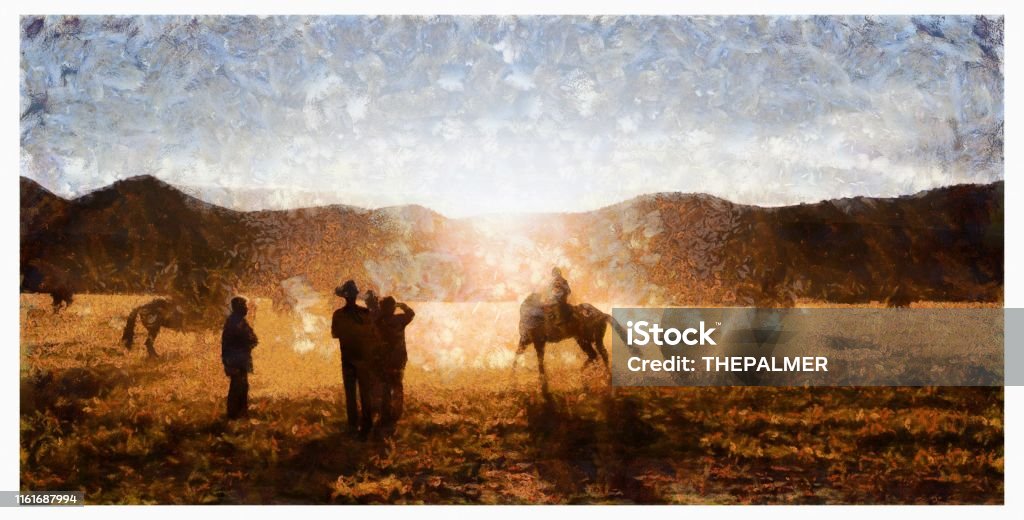 Cowboys Horseback Riding - digital photo manipulation Digital manipulation of a photographs (my own image) with filters and photoshop actions for a painterly/illustration look. Painting - Art Product Stock Photo
