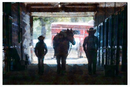 Cowgirls at a horse stable in a ranch - digital photo manipulation