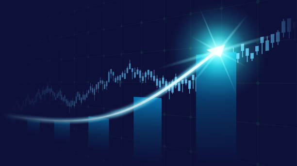 istock Widescreen Abstract financial graph with uptrend line and glowing arrow in stock market on blue color background 1161689778