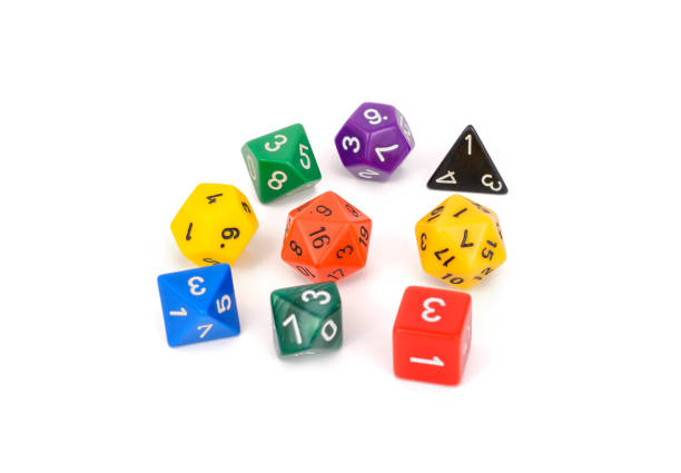 colorful multi sided role play game dice isolated white background colorful multi sided rpg dice isolated white background developing 8 stock pictures, royalty-free photos & images