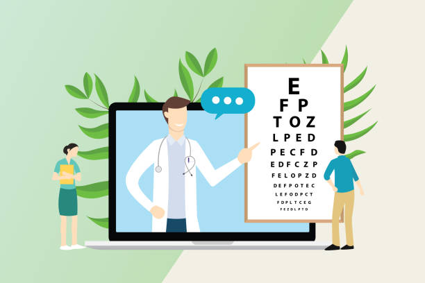 ophthalmologist consultationt with doctor and patient with type board on laptop screen - vector ophthalmologist consultationt with doctor and patient with type board on laptop screen - vector illustration eye doctor and patient stock illustrations