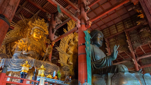 Nara, Japan - October 29 2018: Daibutsu - the great Buddha with Kokuzo Bosatsu - Chinese Goddess in Daibutsuden, the great Buddha hall at Todaiji temple