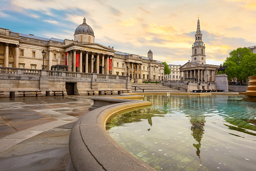 London, UK - May 13 2018: The National Gallery founded in 1824, it houses a collection of over 2,300 paintings dating from the mid-13th century to 1900