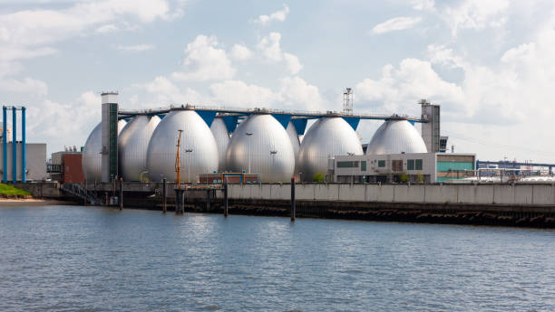 Technology for recycling waste water, set on waters edge of Hamburg Harbour