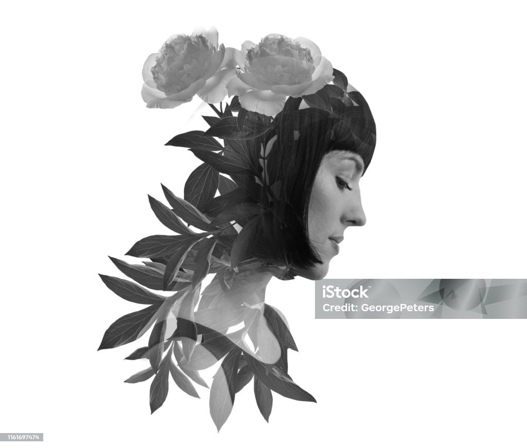 Multiple exposure of a young woman and flowers Image Montage Stock Photo