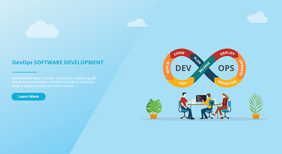 devops software development practices for website template banner design page - vector illustration