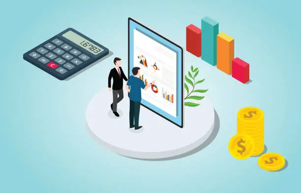 Vector illustration of isometric financial check analysis with people and data chart with money - vector