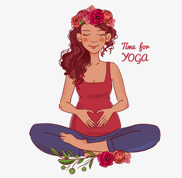 bildbanksillustrationer, clip art samt tecknat material och ikoner med ung gravid kvinna öva yoga stock illustration - blomkrona