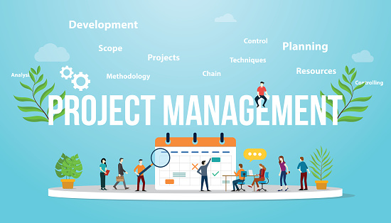 project management concept with business calendar and team people meeting together - vector illustration