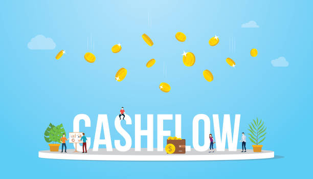 cashflow-geschäftskonzept mit geldfall oder fall von oben mit team-mitarbeitern - vector - regen grafiken stock-grafiken, -clipart, -cartoons und -symbole