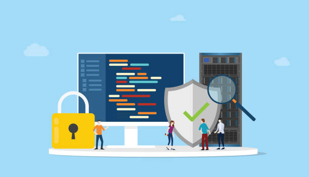koncepcja bezpieczeństwa programowania sieciowego z programem kodu i ikoną bezpiecznego serwera - wektor - zapora sieciowa stock illustrations