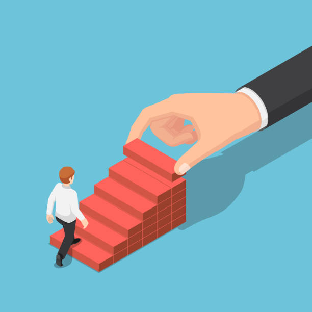 Isometric hand arranging wood block stacking as step stair to help businessman go up higher Flat 3d isometric hand arranging wood block stacking as step stair to help businessman go up higher. Business growth success and teamwork concept. brick illustrations stock illustrations