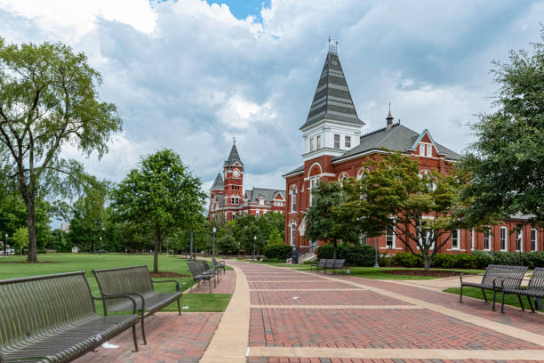 Hargis Hall at Auburn University Auburn, Alabama/USA- July 7, 2019: A scenic view looking down the walkway leading to Hargis Hall on the campus of Auburn University in the summer time. auburn university stock pictures, royalty-free photos & images