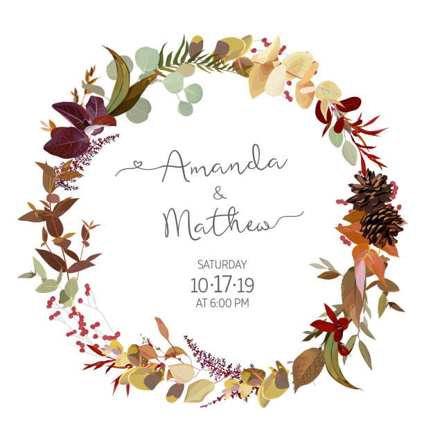 ilustrações de stock, clip art, desenhos animados e ícones de fall herbs selection vector design round invitation frame. - sepia toned floral