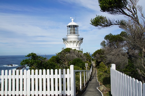 Seal Rocks, New South Wales, Australia, July 1, 2019.\nSugarloaf Point Lighthouse on a sunny winter's day