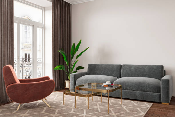 istock Empty room interior with sofa, armchair, table, carpet and plants. 3d render illustration mock up. 1161715024