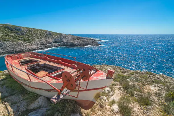 Photo of Old fisherman boat on the shore in Porto Limnionas