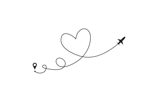 Plane and its track in the shape of a heart on white background. Vector illustration. Aircraft flight path and its route vector art illustration