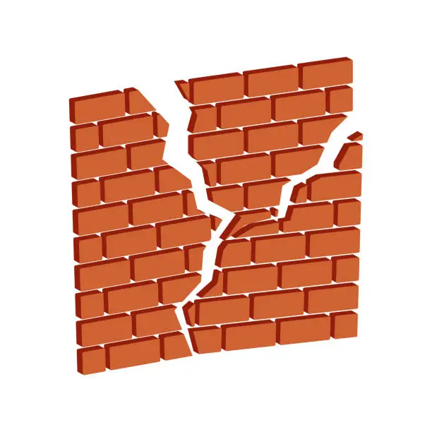 Vector illustration of Ruined brick wall.Isometric and 3D view.