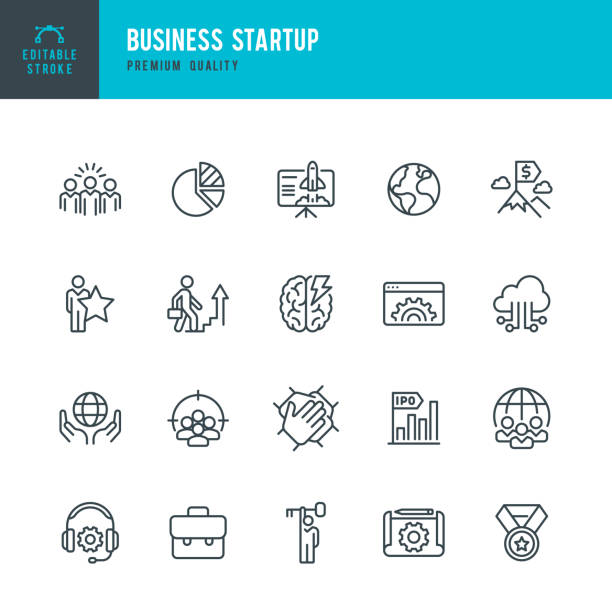 Business Startup -  vector line icon set Set of 20 Business Startup thin line vector icons. Achievement, Corporate Business, Brainstorming, Startup, Focus Group, Teamwork, Leadership communication occupation business chart stock illustrations