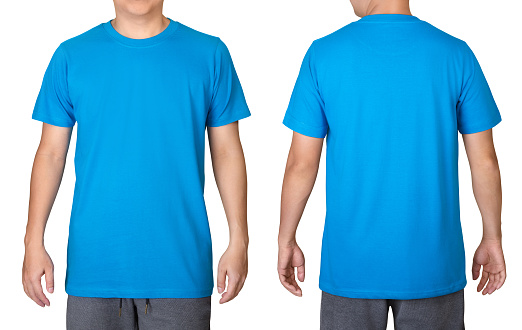 Blue t-shirt on a young man isolated on white background. Front and back view.