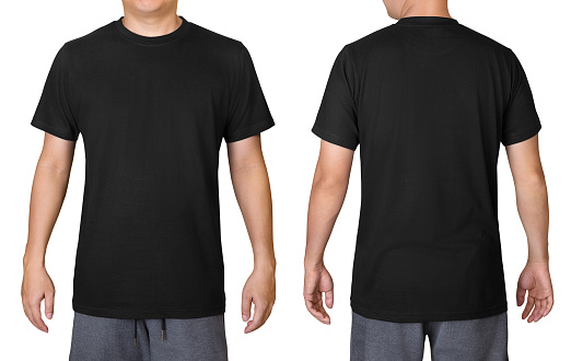 Camiseta negra sobre un joven aislado sobre fondo blanco. Vista frontal y trasera. photo