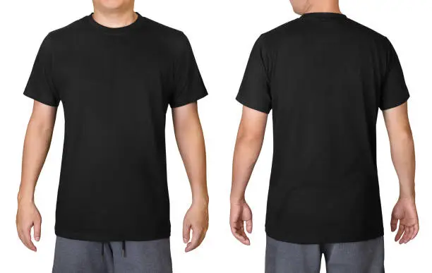 Black t-shirt on a young man isolated on white background. Front and back view.