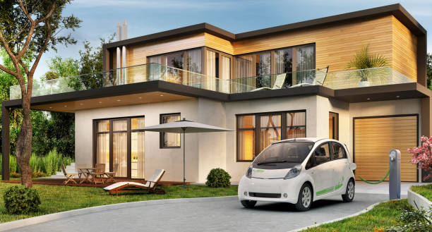 istock Luxury modern house and electric car 1161730980