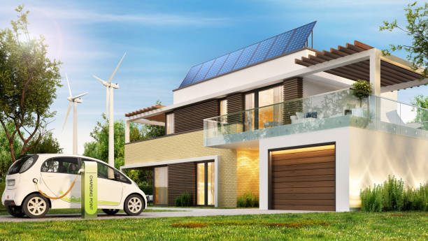 modernes ökohaus mit sonnenkollektoren und windkraftanlagen und einem elektroauto. - fuel pomp stock-fotos und bilder