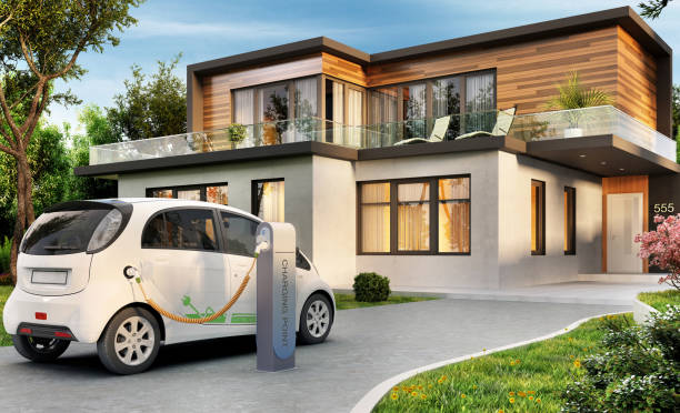роскошный современный дом и электромобиль - battery electric car hybrid vehicle electric vehicle стоковые фото и изображения