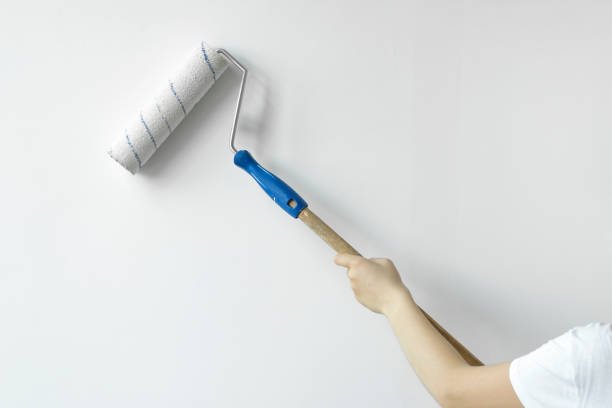 istock A hand with a roller paints the wall with white paint. Decorator's hand painting wall with roller 1161731126
