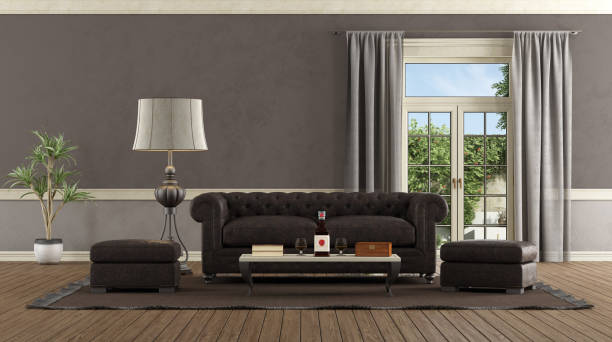 istock Living room in retro style with leather sofa 1161731159