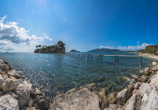 Panoramic view of the hanging footbridge in Laganas Port leading to Cameo island, Zante, Greece