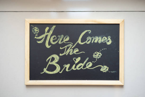 istock Here Comes the Bride chalk writing on wooden board 1161732411
