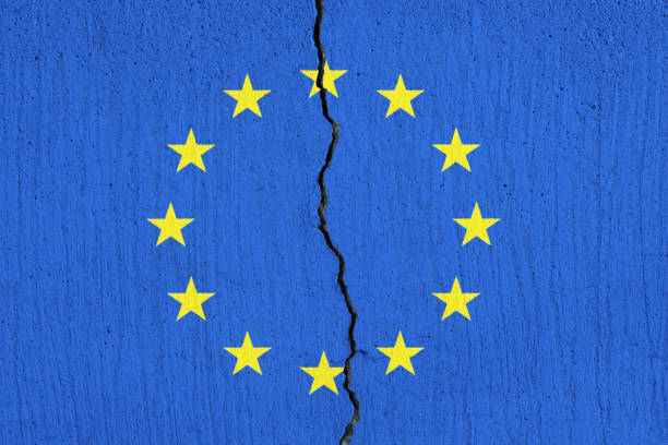 EU flag breaking apart , Cracked European Union flag