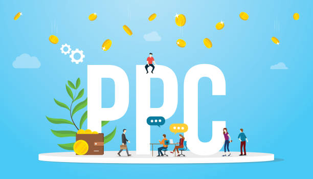 ppc pay per click konzept werbung business affiliate mit großen worten und team-menschen mit geld fallen aus dem himmel - vektor - marketing affiliate internet business stock-grafiken, -clipart, -cartoons und -symbole