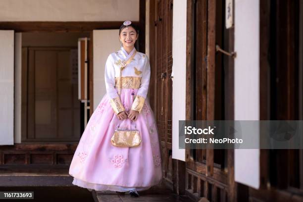 Korean Lady In Hanbok Or Korea Gress And Walk In An Ancient Town Stock Photo - Download Image Now