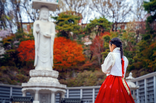 Korean lady in Hanbok dress in Bongeunsa temple  in Gangnam, Seoul city, South Korea. this image can use for travel in Korea and red autumn concept