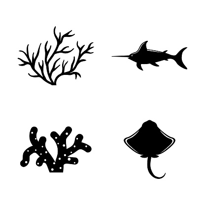 Marine Life, Underwater Inhabitants. Simple Related Vector Icons Set for Video, Mobile Apps, Web Sites, Print Projects and Your Design. Marine Life icon Black Flat Illustration on White Background.