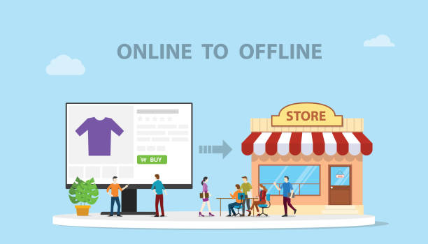 illustrazioni stock, clip art, cartoni animati e icone di tendenza di o2o online a offline e-commerce nuova tecnologia concettuale con negozio e sito web online illustrazione in stile moderno - vettore - offline tecnologia