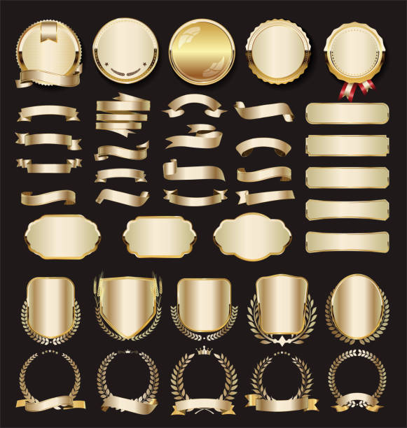 ilustrações de stock, clip art, desenhos animados e ícones de collection of luxury golden design elements badges labels and laurels - frame circle scroll shape ornate