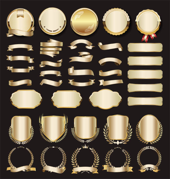 коллекция роскошных золотых элементов дизайна значки этикетки и лавры - frame ornate old fashioned shield stock illustrations