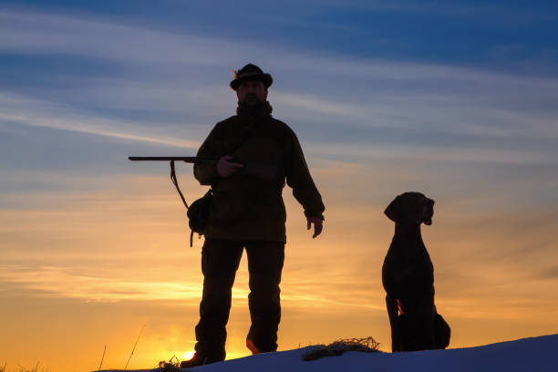 a hunter in a hat with a gun and a german shorthair pointer dog breed stands on a meadow covered with snow. majestic winter scenery. amazing sunrise. - german countryside imagens e fotografias de stock