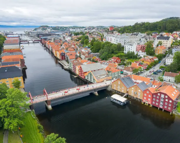 Aerial panorama of the famous Old Town Bridge, formally known as Gamle Bybro, in Bakklandet, a neighborhood in the city of Trondheim in Trøndelag county, Norway. It lies in the borough of Østbyen on the east side of the Nidelva river. Converted from RAW.