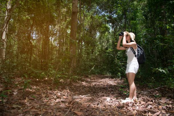 istock Pretty Asian woman looking through Binoculars a happiness in the forest. 1161742719