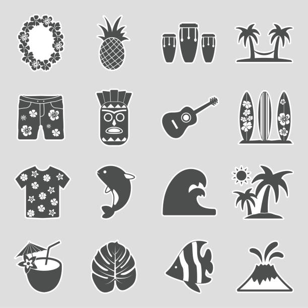 hawaii-ikonen. aufkleber-design. vektor-illustration. - hawaii islands luau hula dancing hawaiian culture stock-grafiken, -clipart, -cartoons und -symbole