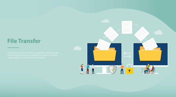 file transfer concept with folder and files transfering move with team people for website or landing homepage template design - vector file transfer concept with folder and files transfering move with team people for website or landing homepage template design - vector illustration data transfer stock illustrations